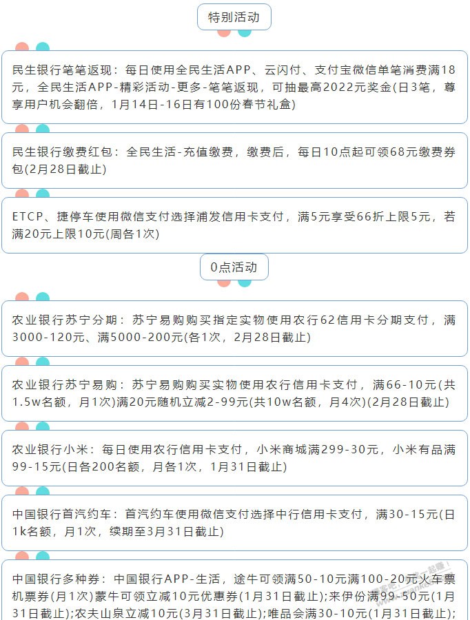 1月14日周五（各时段）xing/用卡活动提醒-惠小助(52huixz.com)