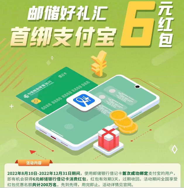 邮政卡绑定支付宝有6元红包-惠小助(52huixz.com)