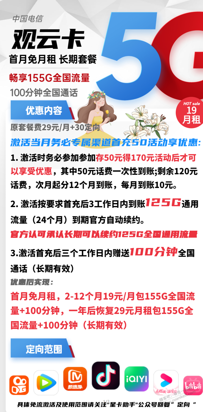 湖北电信观云卡 外面买疯了~19元 包155G 快!上!-惠小助(52huixz.com)