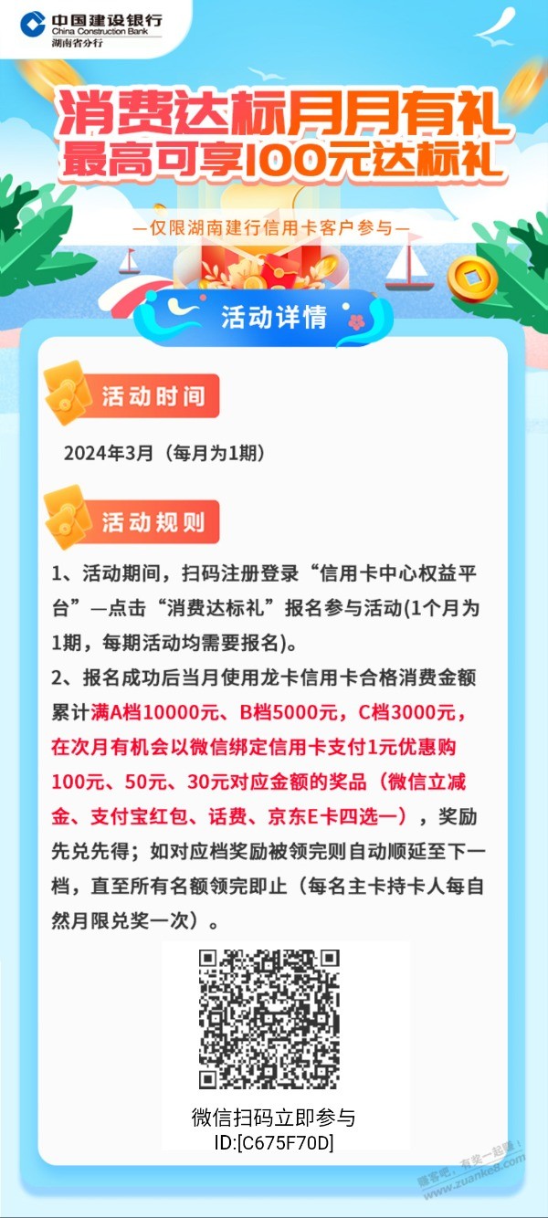 速度，湖南建行xing用卡大毛，3月消费满1w得100V.x立减金