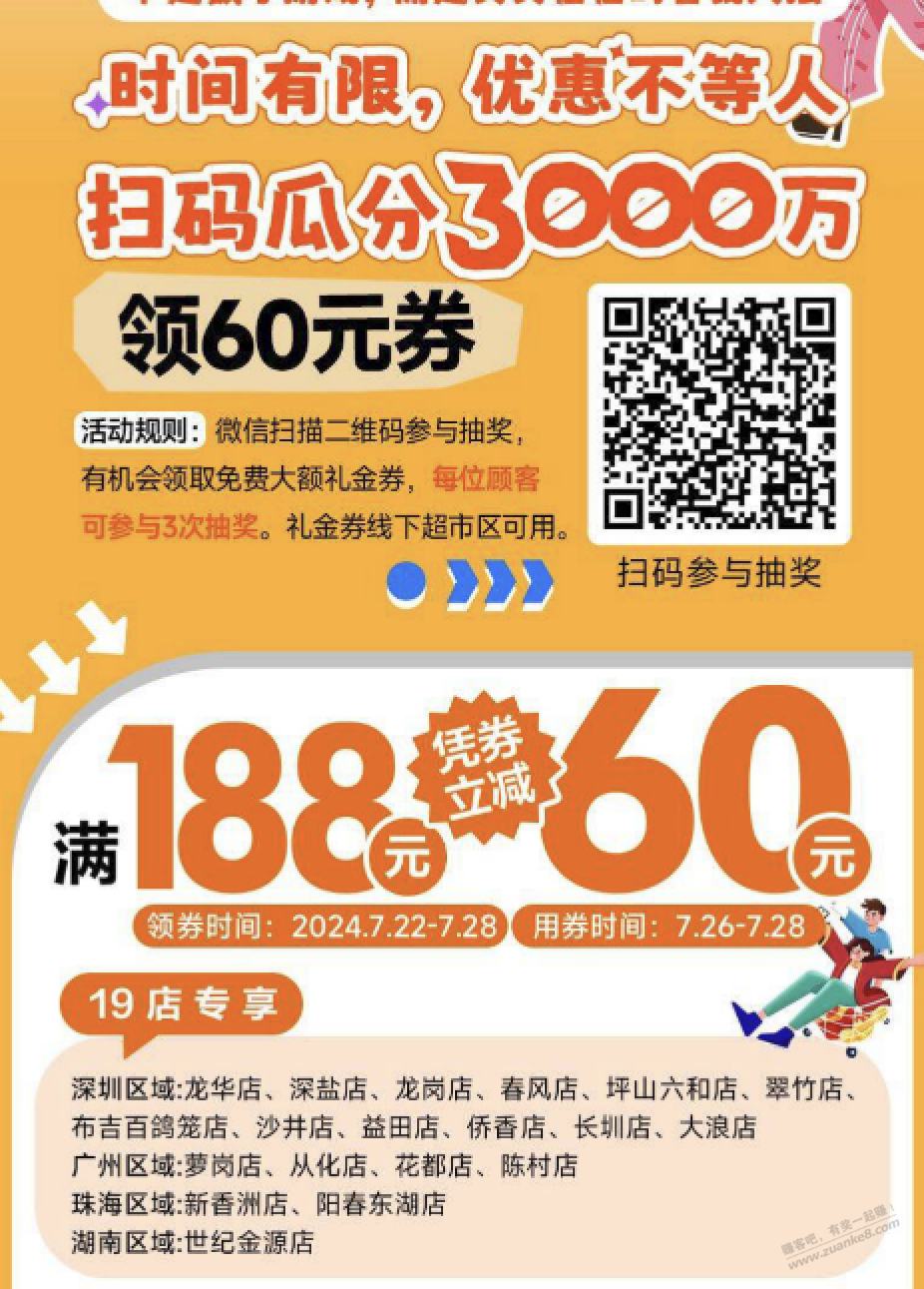 华润万家超市188-60券，26-28日使用，现在必中 - 线报酷