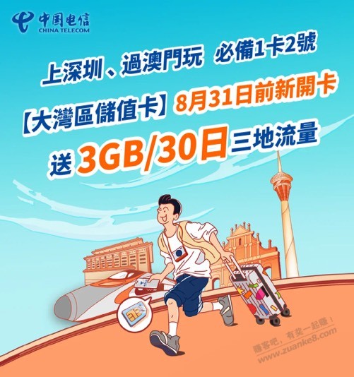 香港电信大湾区蓝卡8月份开卡送3G三地流量 - 线报酷