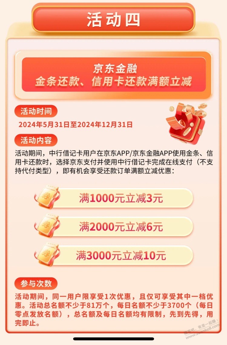 京东金融中行借记卡还款3000-10 - 线报酷