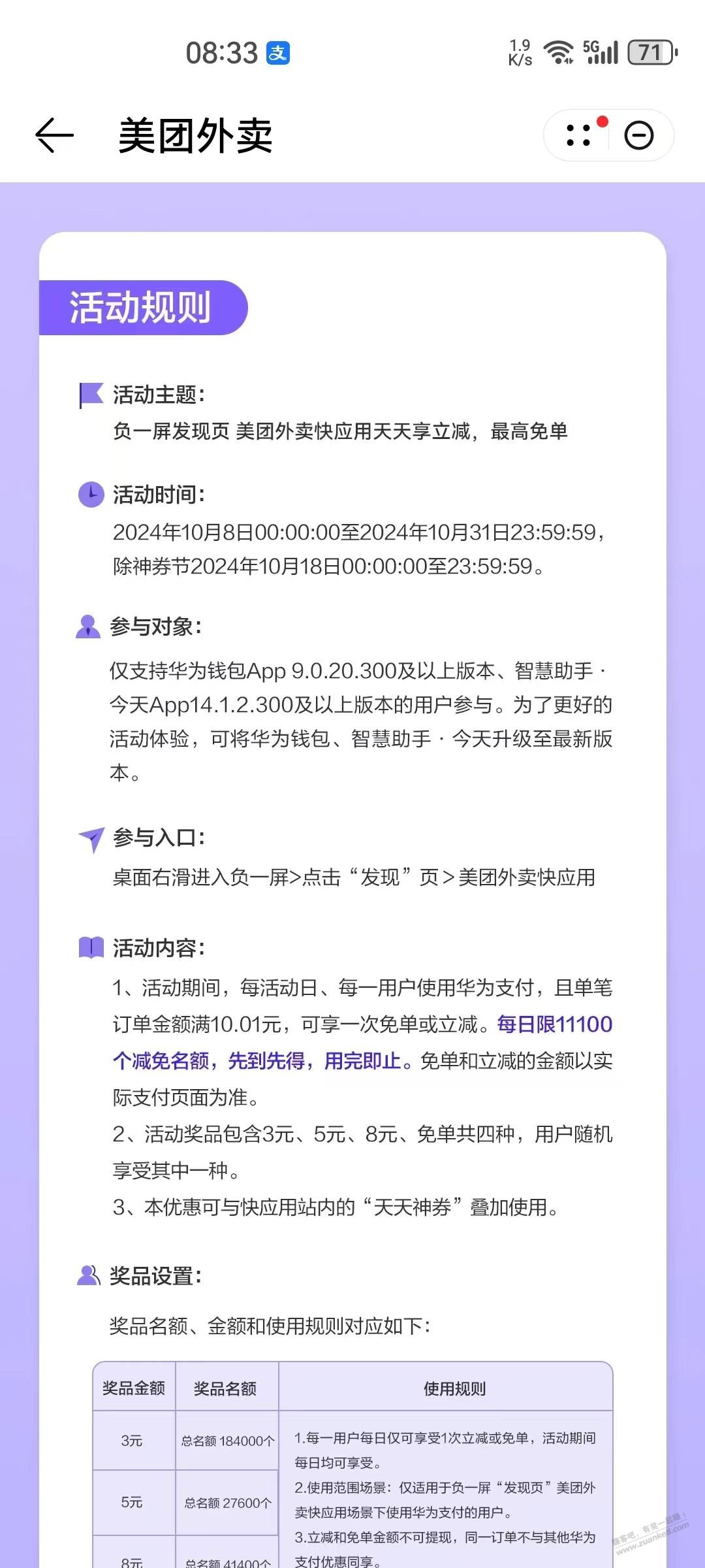 华为负一屏外卖立减退款后优惠返可继续使用 - 线报酷