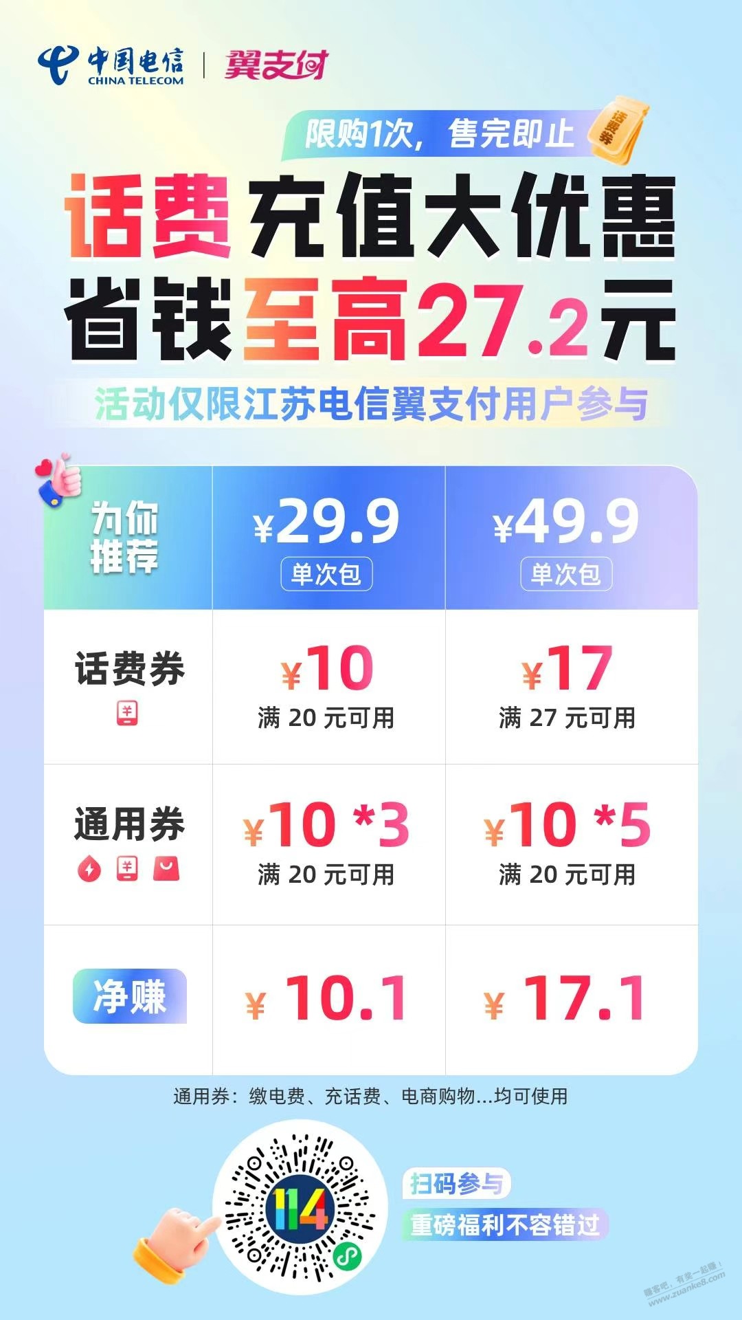 江苏电信翼支付一号可买27元话费/缴费等通用券-多号多买!-惠小助(52huixz.com)